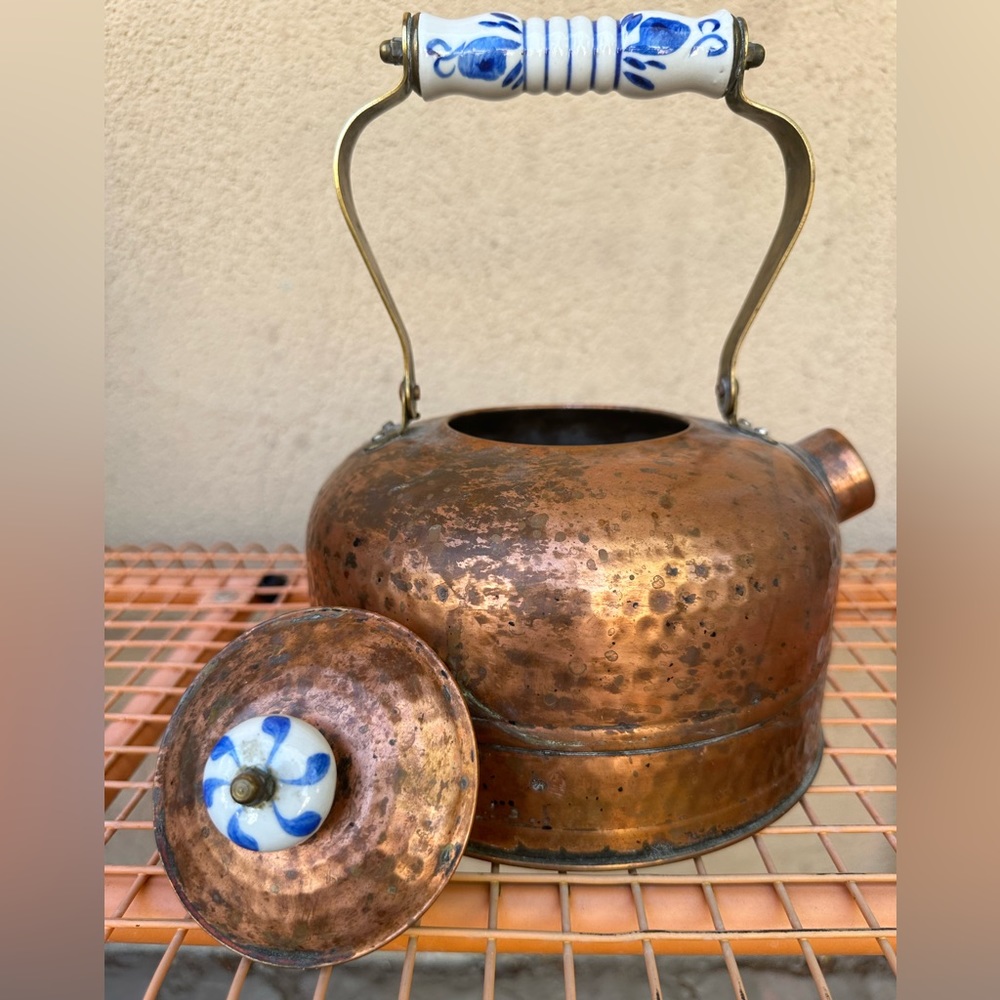 Vintage Blue and White Porcelain Handle Copper&Brass Teapot